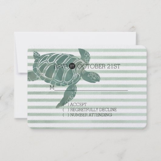 Waterverf Zee Turtle Stripes Bruiloft RSVP Kaartje (Voorkant)