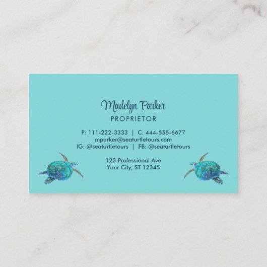 Waterverf Zee Turtle Turquoise Visitekaartje (Achterkant)