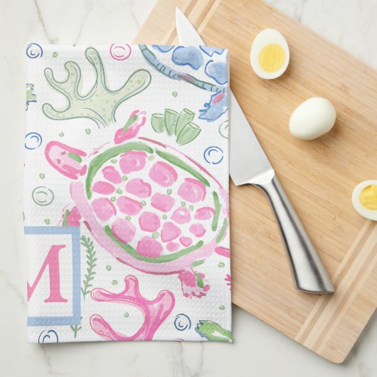 Waterverf Zee Turtles Coastal Ocean Monogram Theedoek (Quarter Fold)