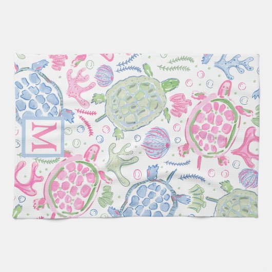Waterverf Zee Turtles Coastal Ocean Monogram Theedoek (Horizontaal)