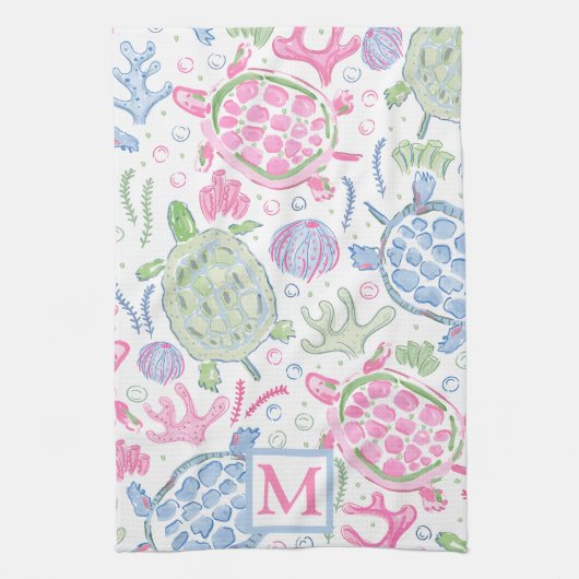 Waterverf Zee Turtles Coastal Ocean Monogram Theedoek (Verticaal)