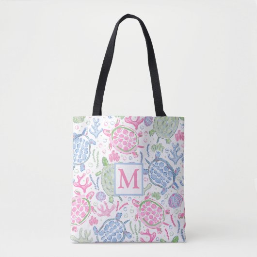 Waterverf Zee Turtles Coastal Ocean Monogram Tote Bag (Voorkant)