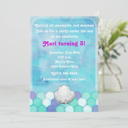 Waterverf Zee Zeemeermin Schalen Shell Uitnodiging (Staand voorkant)