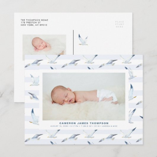 Waterverf zeegaand Stripes Patroon Foto geboorte Aankondigingskaart (Voorkant / Achterkant)