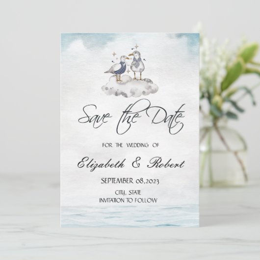 Waterverf zeegrafeert strand sparen de Datum Save The Date (Staand voorkant)