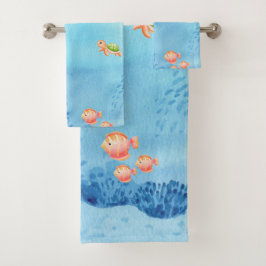 Waterverf Zeeleven in Blauw. Naam & knuffeldieren Bad Handdoek