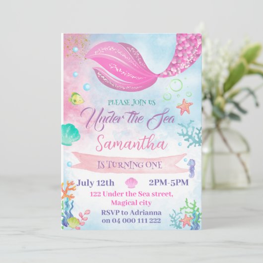 Waterverf Zeemeermin 1e 2e 3e 4e 5e Verjaardag Kaart (Staand voorkant)