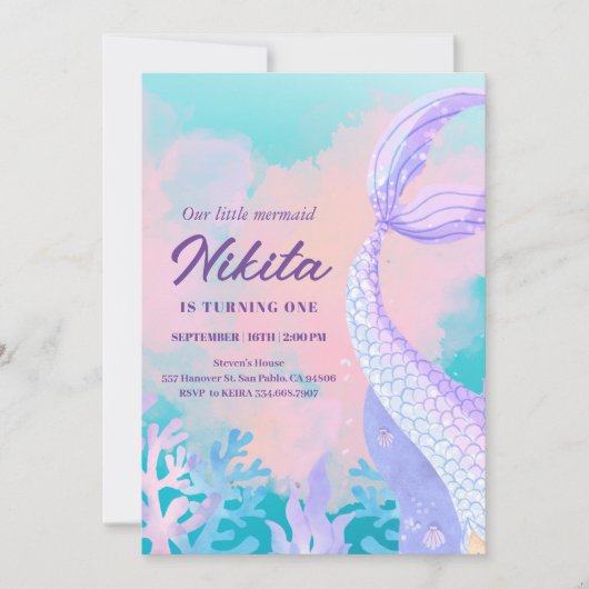 waterverf zeemeermin 1e verjaardagsuitnodiging kaart (Voorkant)