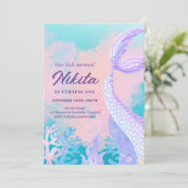 waterverf zeemeermin 1e verjaardagsuitnodiging kaart (Staand voorkant)