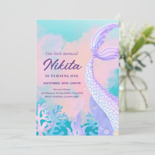 waterverf zeemeermin 1e verjaardagsuitnodiging kaart (Staand voorkant)