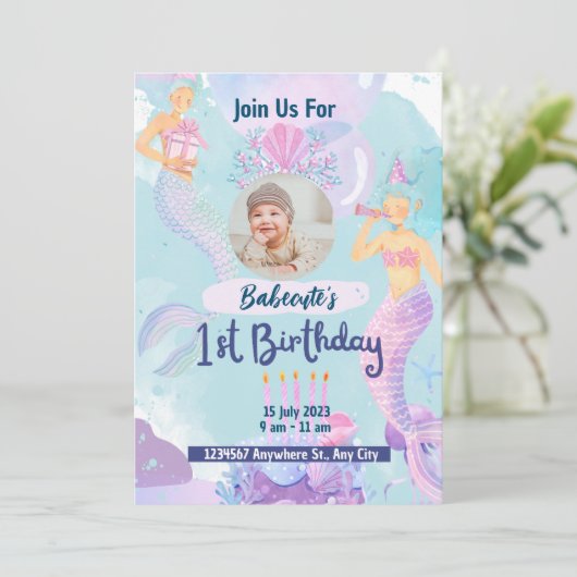 Waterverf Zeemeermin 1e verjaardagsuitnodiging Kaart (Staand voorkant)