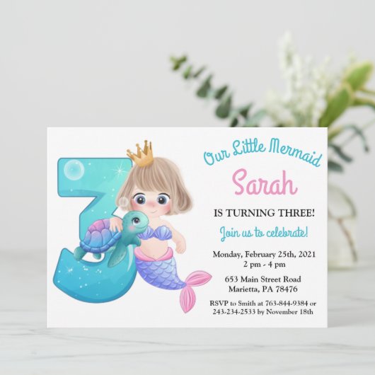 Waterverf Zeemeermin 3e Verjaardagsfeestuitnodigin Kaart (Staand voorkant)