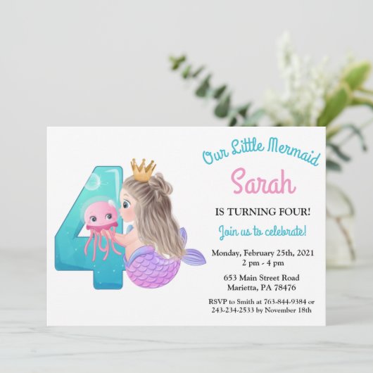 Waterverf Zeemeermin 4e Verjaardagsfeestuitnodigin Kaart (Staand voorkant)