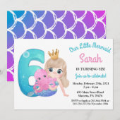 Waterverf Zeemeermin 6e Verjaardagsfeestuitnodigin Kaart (Voorkant / Achterkant)