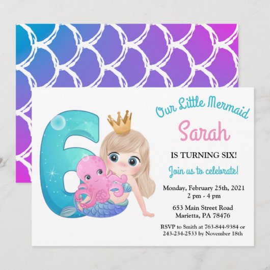 Waterverf Zeemeermin 6e Verjaardagsfeestuitnodigin Kaart (Voorkant / Achterkant)