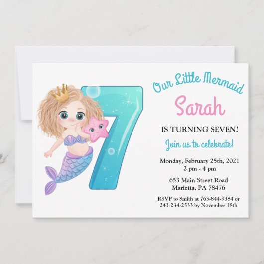 Waterverf Zeemeermin 7e Verjaardagsfeestuitnodigin Kaart (Voorkant)