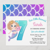 Waterverf Zeemeermin 7e Verjaardagsfeestuitnodigin Kaart (Voorkant / Achterkant)