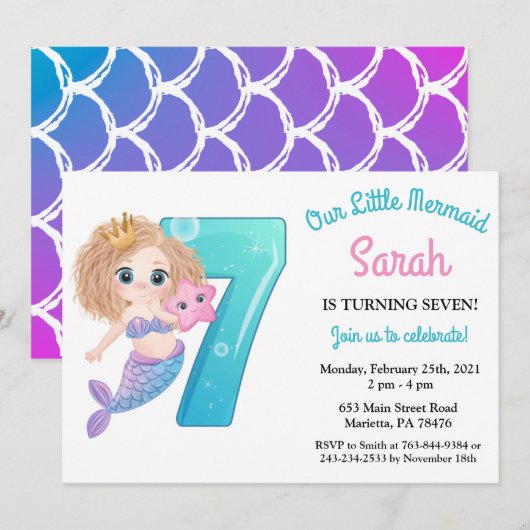 Waterverf Zeemeermin 7e Verjaardagsfeestuitnodigin Kaart (Voorkant / Achterkant)