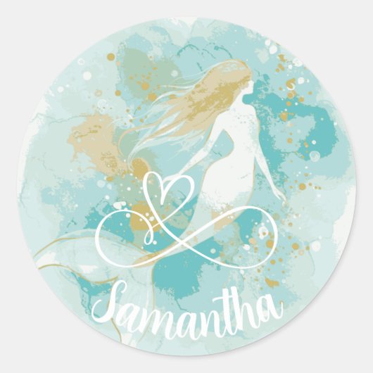 Waterverf Zeemeermin Aqua en Gouden Sticker (Voorkant)