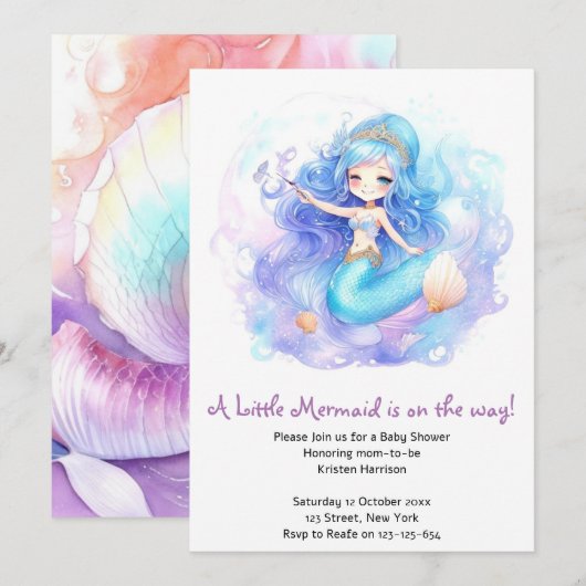 Waterverf Zeemeermin Baby Meisje Douche Kaart (Voorkant / Achterkant)