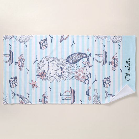 Waterverf Zeemeermin blauwe streep Strandlaken (Voorkant)