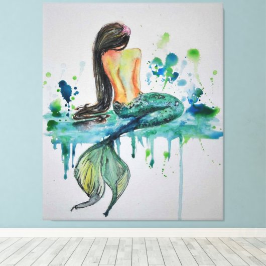 Waterverf - Zeemeermin Canvas Afdruk (Insitu (Houten vloer))