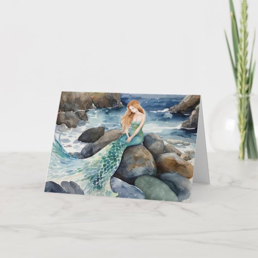 Waterverf zeemeermin die aan jou denkt kaart (Voorkant)