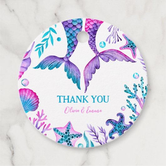 Waterverf Zeemeermin gezamenlijke Verjaardag Dank  Bedankjes Labels (Voorkant)