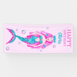 Waterverf Zeemeermin in Roze en Tuquoise Verjaarda Spandoek