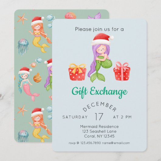 Waterverf zeemeermin kerstcadeau-uitwisselingsfees kaart (Voorkant / Achterkant)