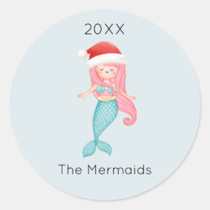 Waterverf zeemeermin kerstman ronde sticker