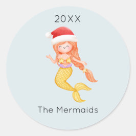 Waterverf zeemeermin kerstman ronde sticker