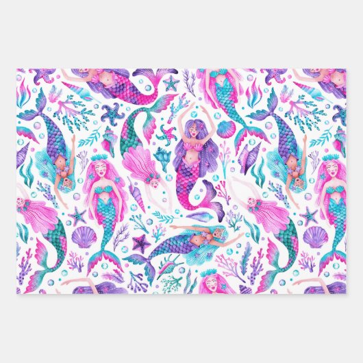 Waterverf Zeemeermin, Koraal en Zeemeerminstaart Inpakpapier Vel (Voorkant)
