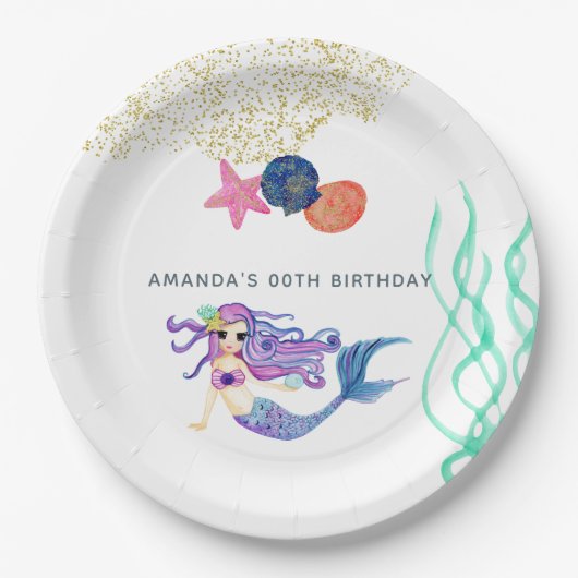 Waterverf Zeemeermin met de naam Birthday Party Papieren Bordje (Voorkant)