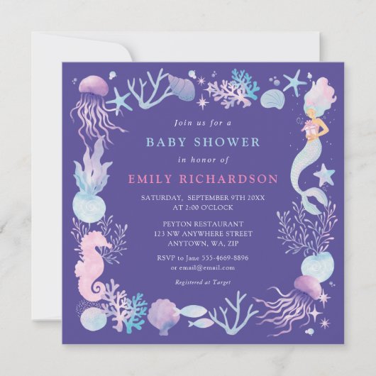 Waterverf Zeemeermin Onder De Zee Baby Shower Kaart (Voorkant)