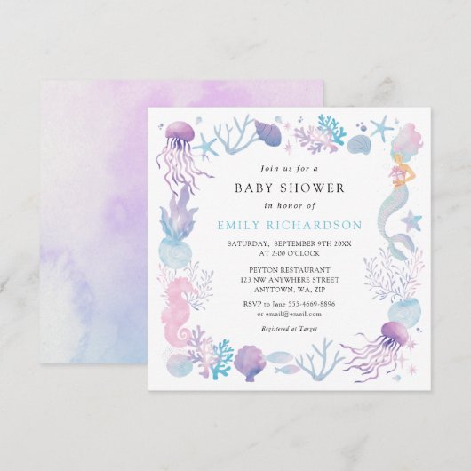 Waterverf Zeemeermin Onder De Zee Baby Shower Kaart (Voorkant / Achterkant)