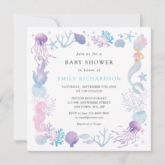 Waterverf Zeemeermin Onder De Zee Baby Shower Kaart (Voorkant)