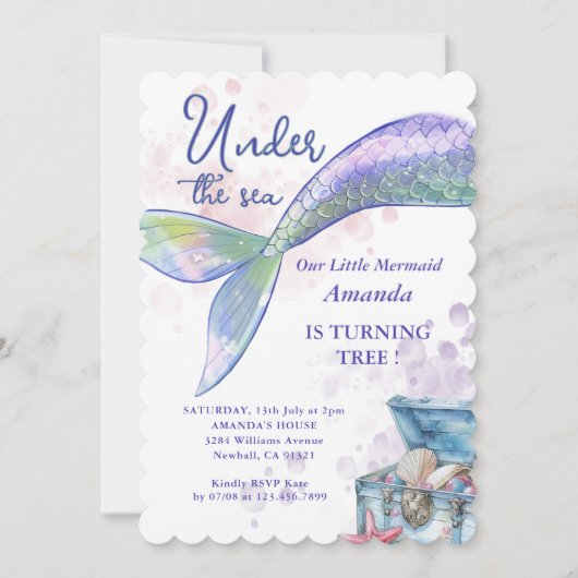 Waterverf Zeemeermin onder de Zee Birthday Party Kaart (Voorkant)