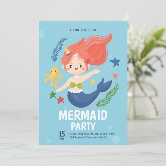 Waterverf Zeemeermin onder de Zee Birthday Party Kaart (Staand voorkant)