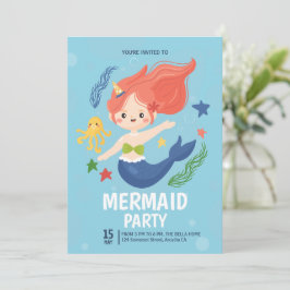 Waterverf Zeemeermin onder de Zee Birthday Party Kaart