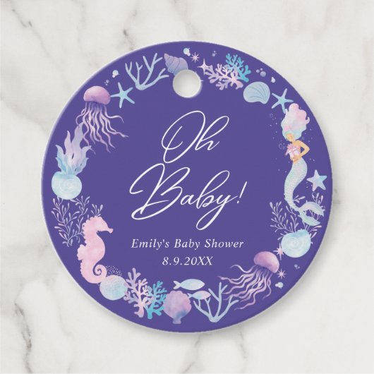 Waterverf zeemeermin onder het Zee Baby shower Bedankjes Labels (Voorkant)