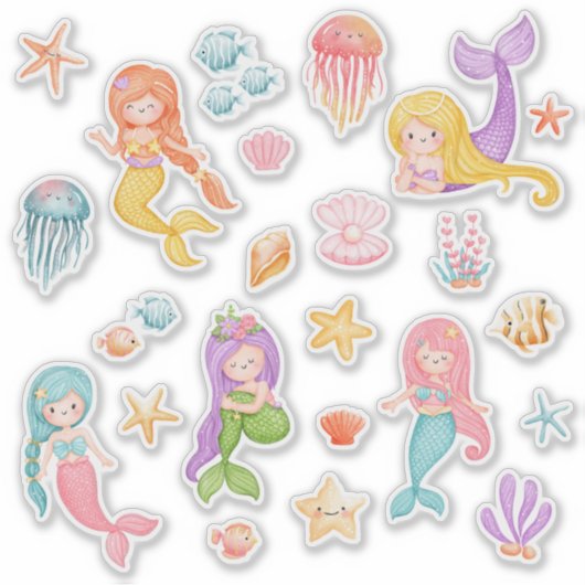 Waterverf zeemeermin onder het Zee Sticker (Voorkant)
