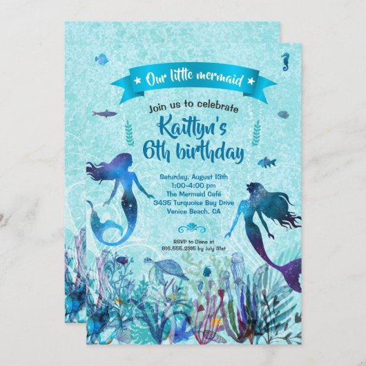 Waterverf zeemeermin onder het Zee verjaardagsfees Kaart (Voorkant / Achterkant)