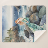 Waterverf zeemeermin op een rots sherpa deken (Voorkant (horizontaal))