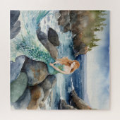 Waterverf zeemeermin op oceaanrotsen legpuzzel (Horizontaal)