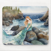 Waterverf zeemeermin op oceaanrotsen muismat (Voorkant)