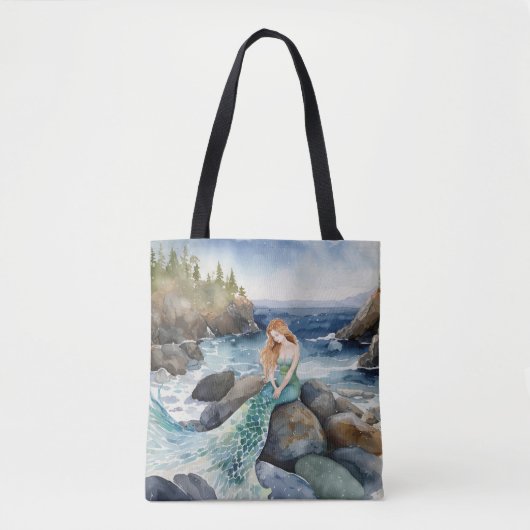Waterverf zeemeermin op oceaanrotsen tote bag (Voorkant)