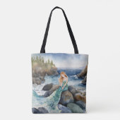 Waterverf zeemeermin op oceaanrotsen tote bag (Achterkant)
