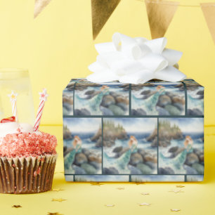Waterverf zeemeermin op rotsen cadeaupapier