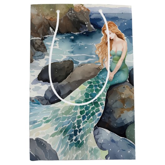 Waterverf zeemeermin op rotsen medium cadeauzakje (Voorkant)